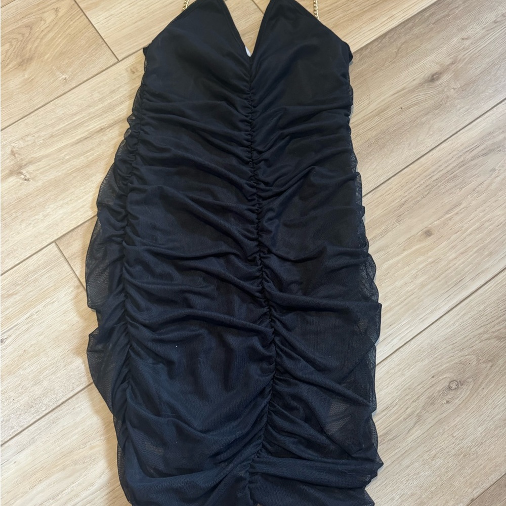 Black Ruched Halter Bodycon Dress Chain Straps